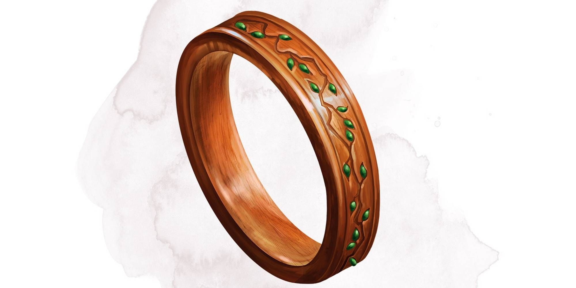 A intricately carved wooden ring decorated with green leaves.