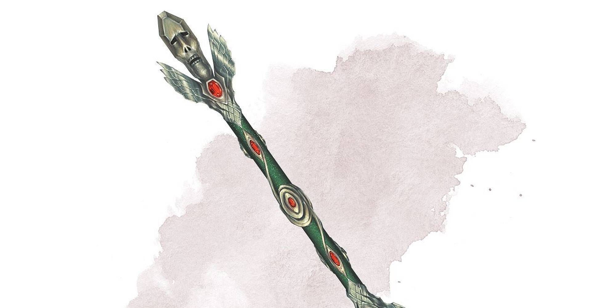 A green and silver rod inlaid with ruby gems.