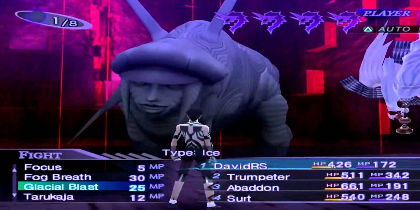 The protagonist of SMT3 fighting a huge monster.