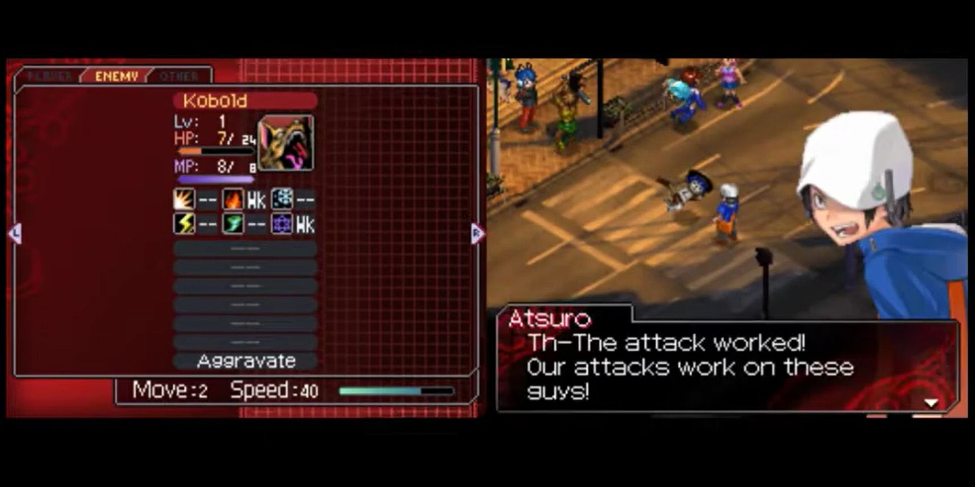 Atsuro commentating on the battle tutorial for Shin Megami Tensei Devil Survivor.