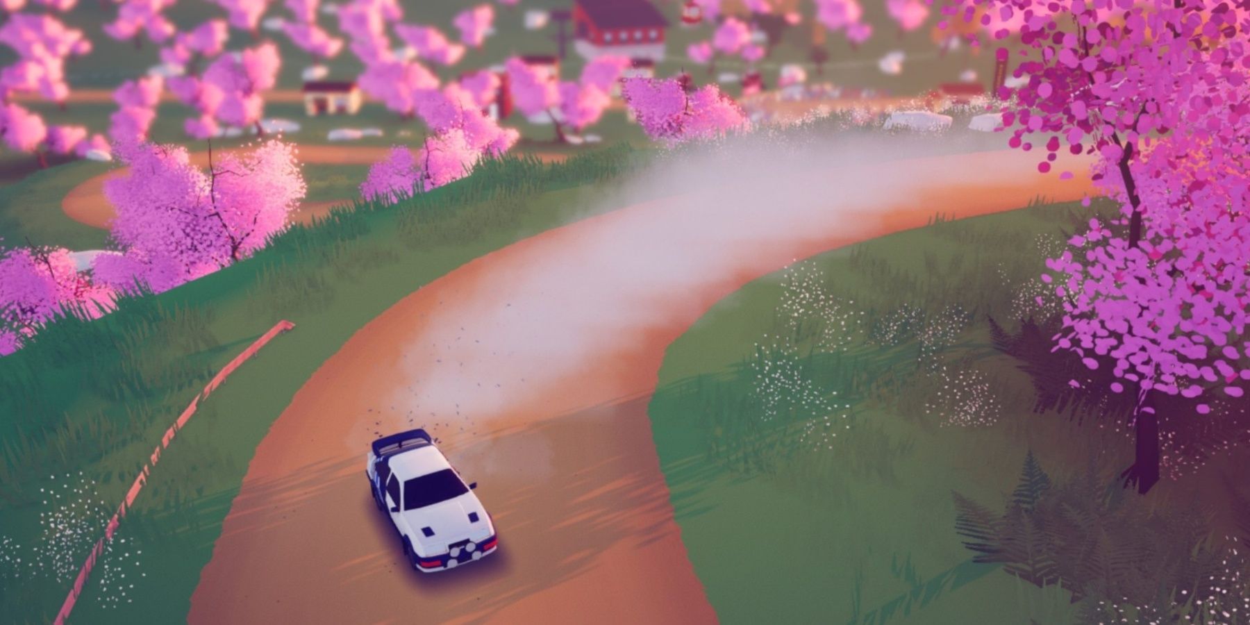 A white car racing along a dirt track with cherry blossoms either side in Art Of Rally