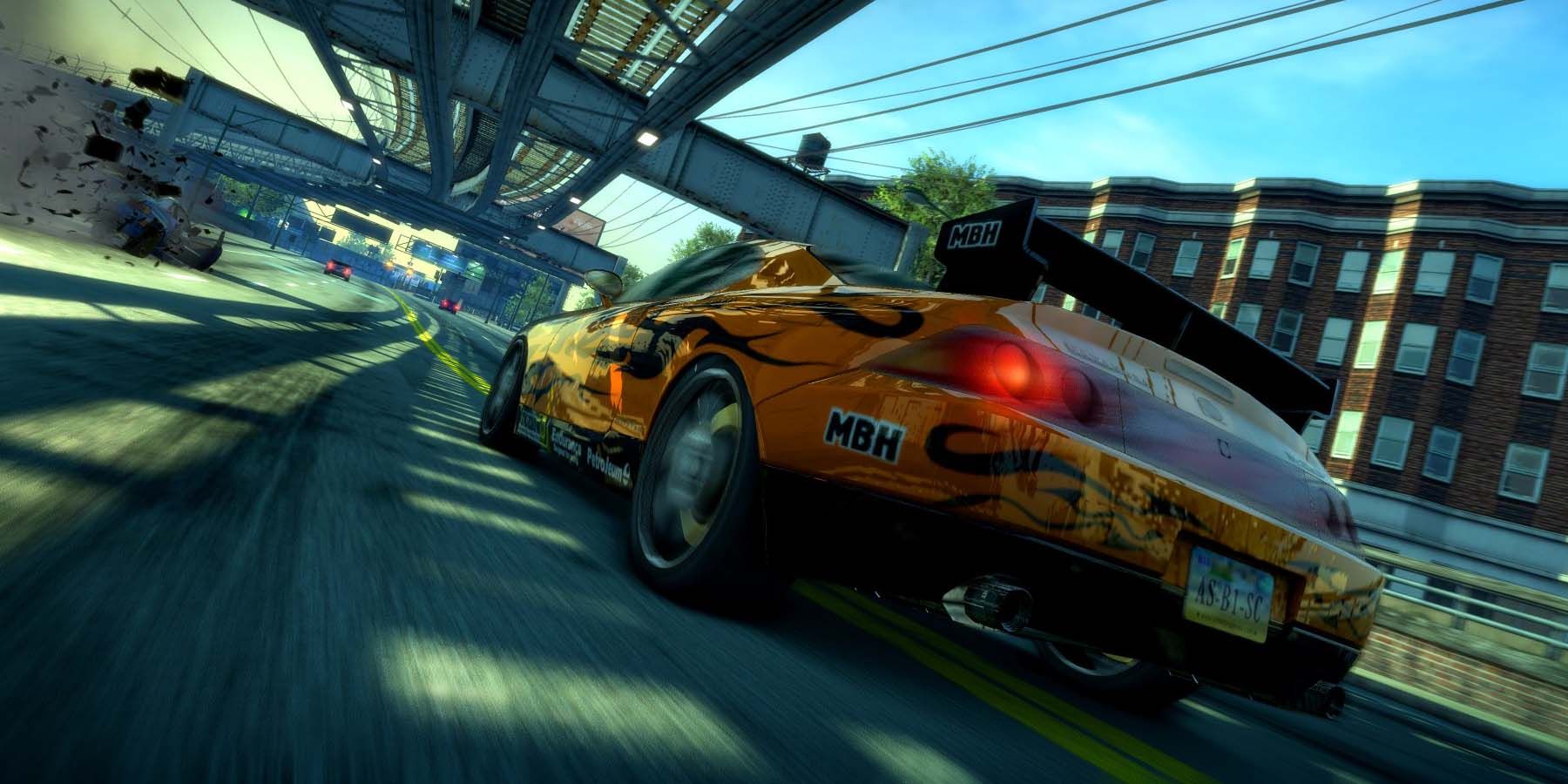 Burnout Paradise Remastered sports car racing through city