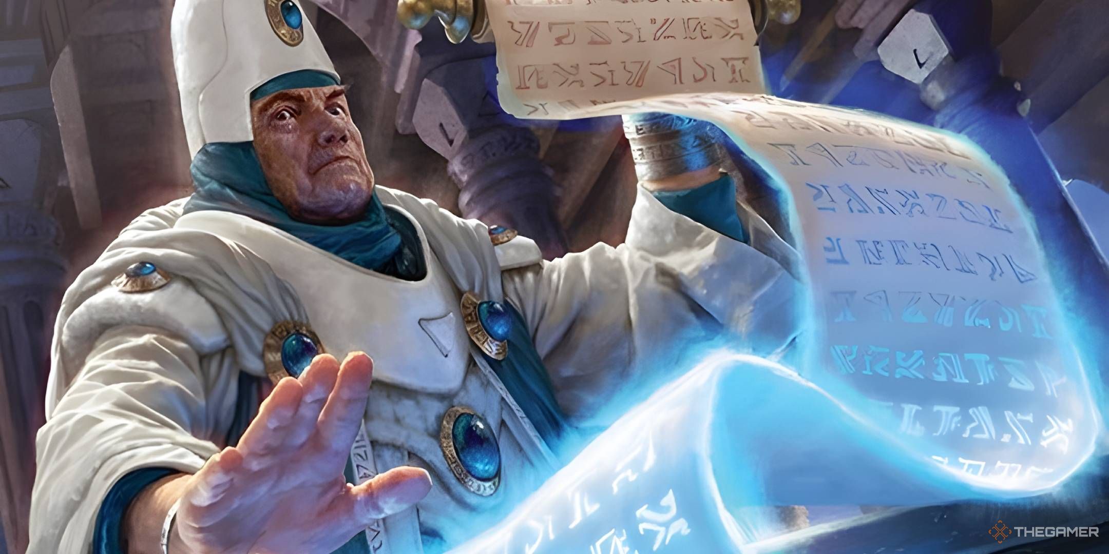 A stern mage in white robes with blue gems holds a glowing scroll covered in runes.