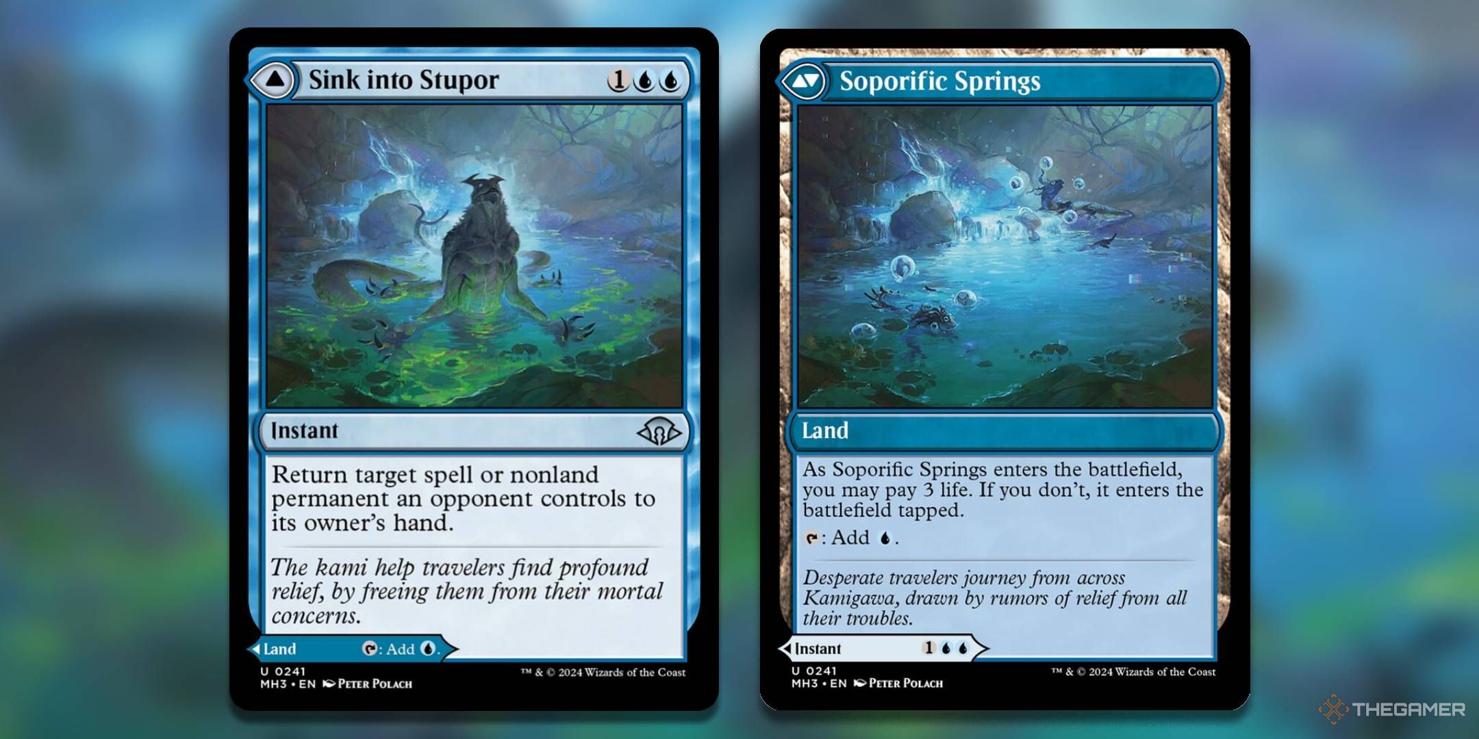 The Sink into Stupor card, from Modern Horizons 3. The reverse side, Soporific Springs, is also shown on the right.