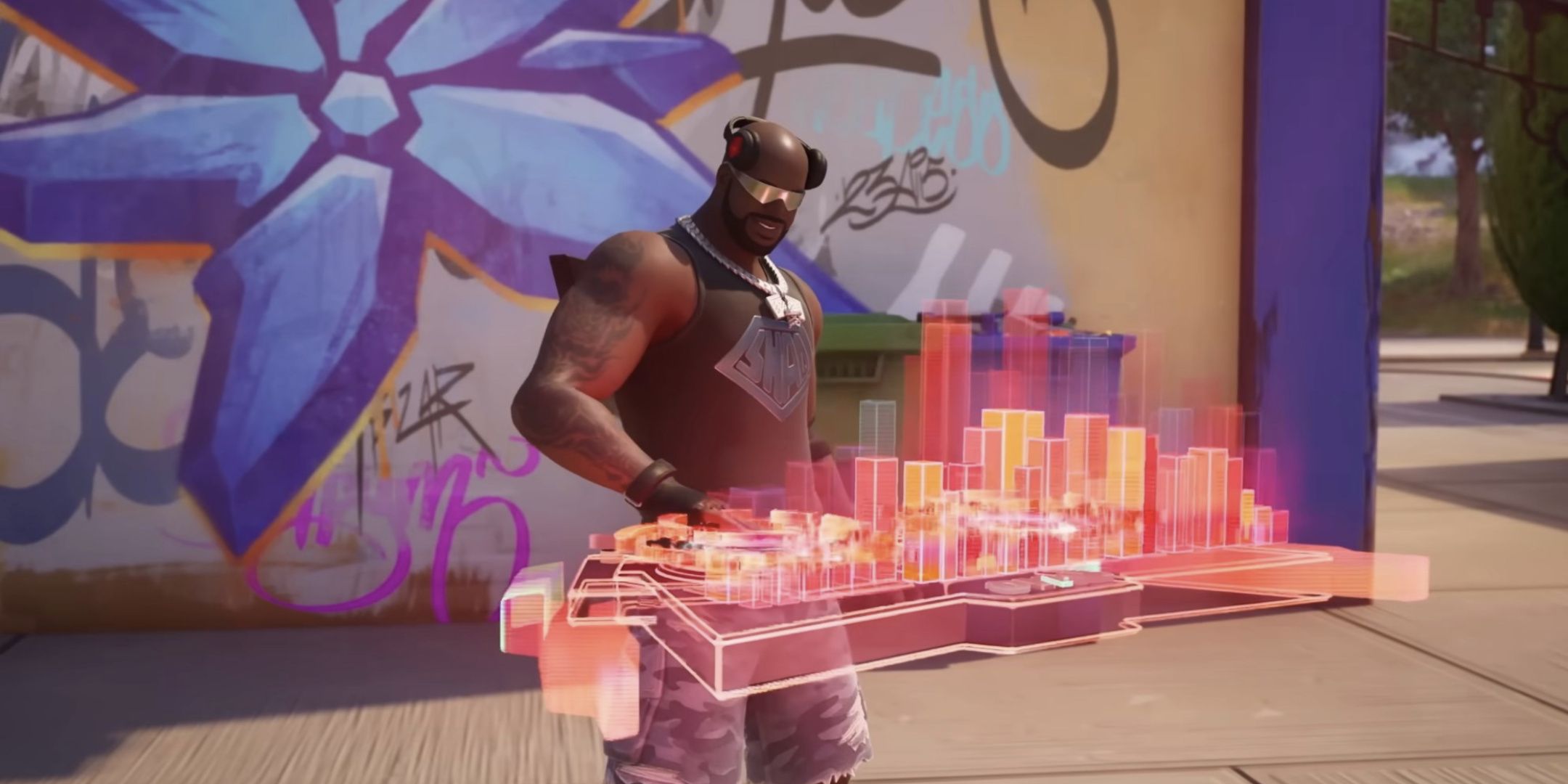 Shaq emoting with turntables in Fortnite.