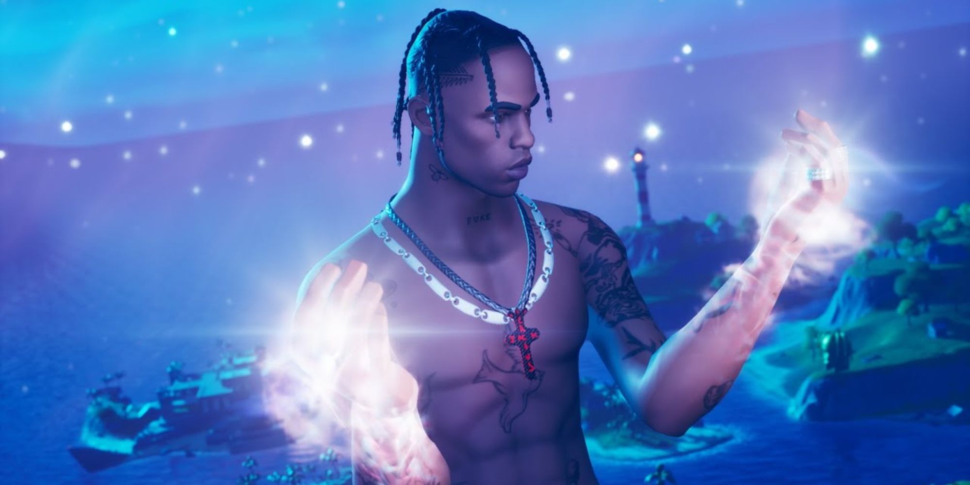 An image from Fortnite of the Travis Scott Collab. This skin features the rapper in a shirtless outfit.