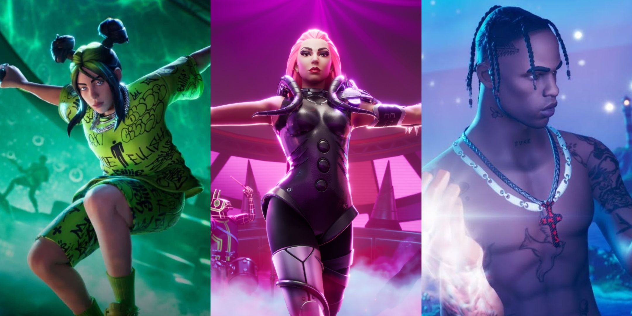 Billie Elish, Lady Gaga and Travis Scott as they appear in Fortnite