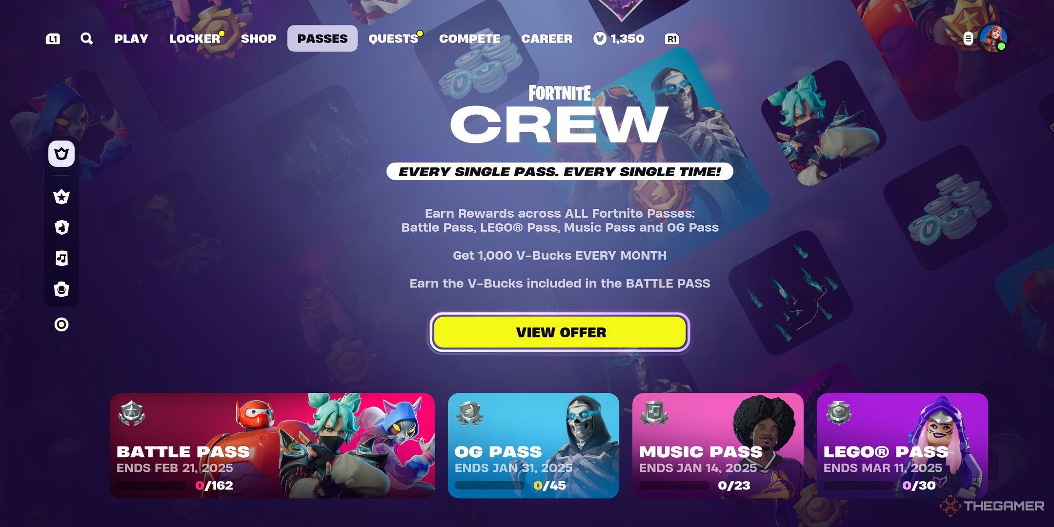 The Fortnite Crew purchase screen with a big yellow View Offer button in the center.