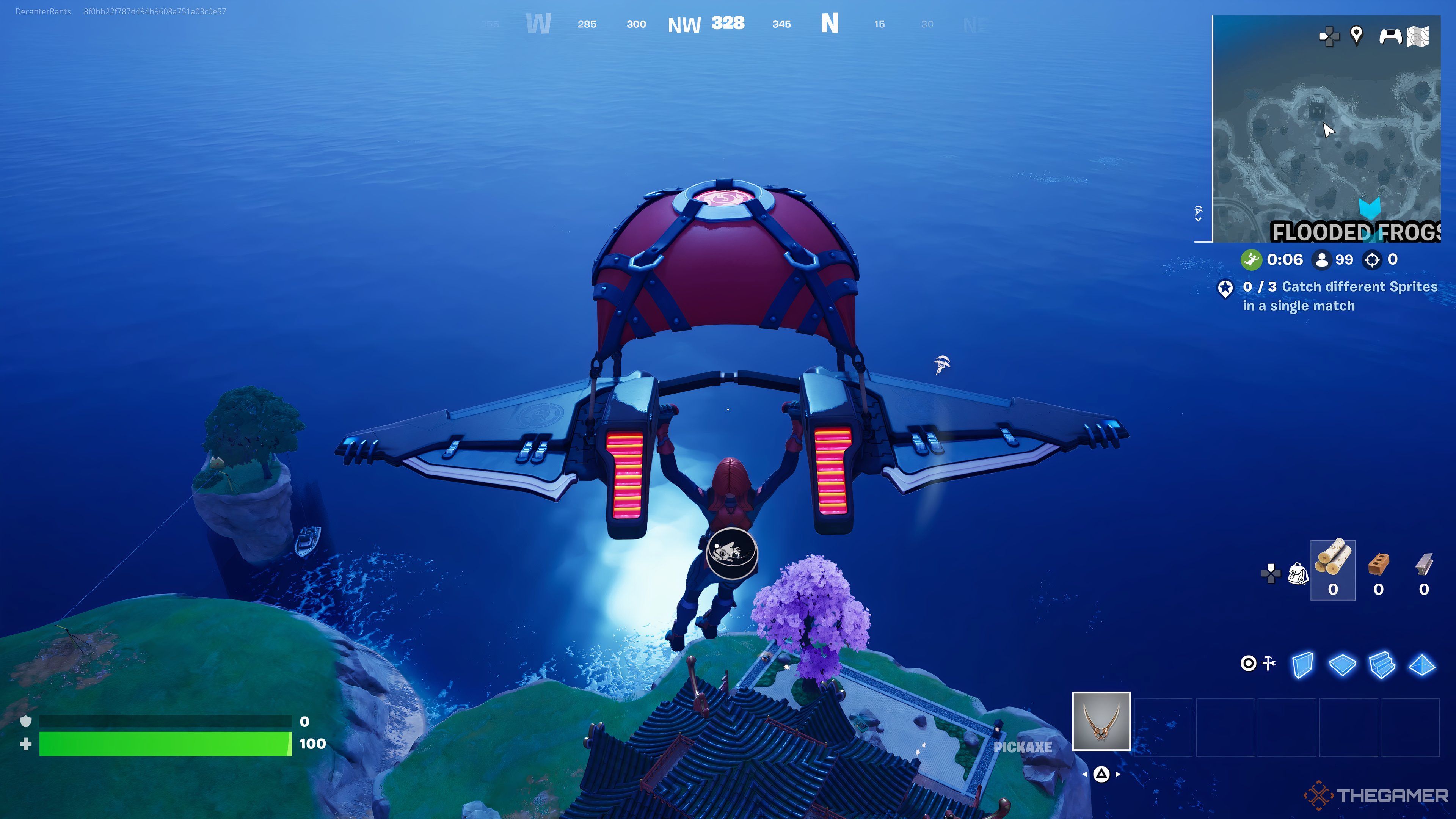 A player in Fortnite gliding down onto the map in Fortnite. 