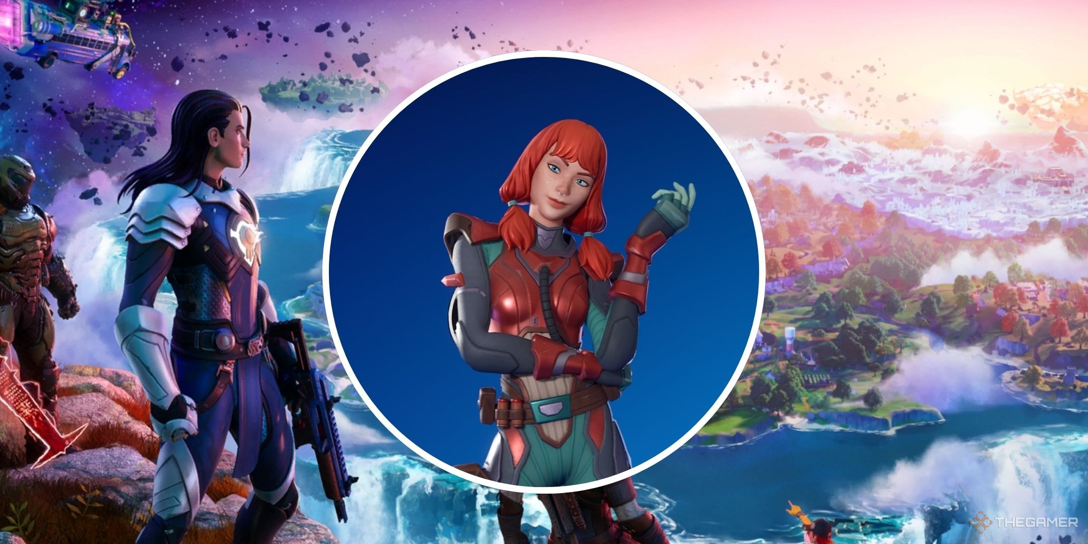 Fortnite character in a split image with a wide view of the map.