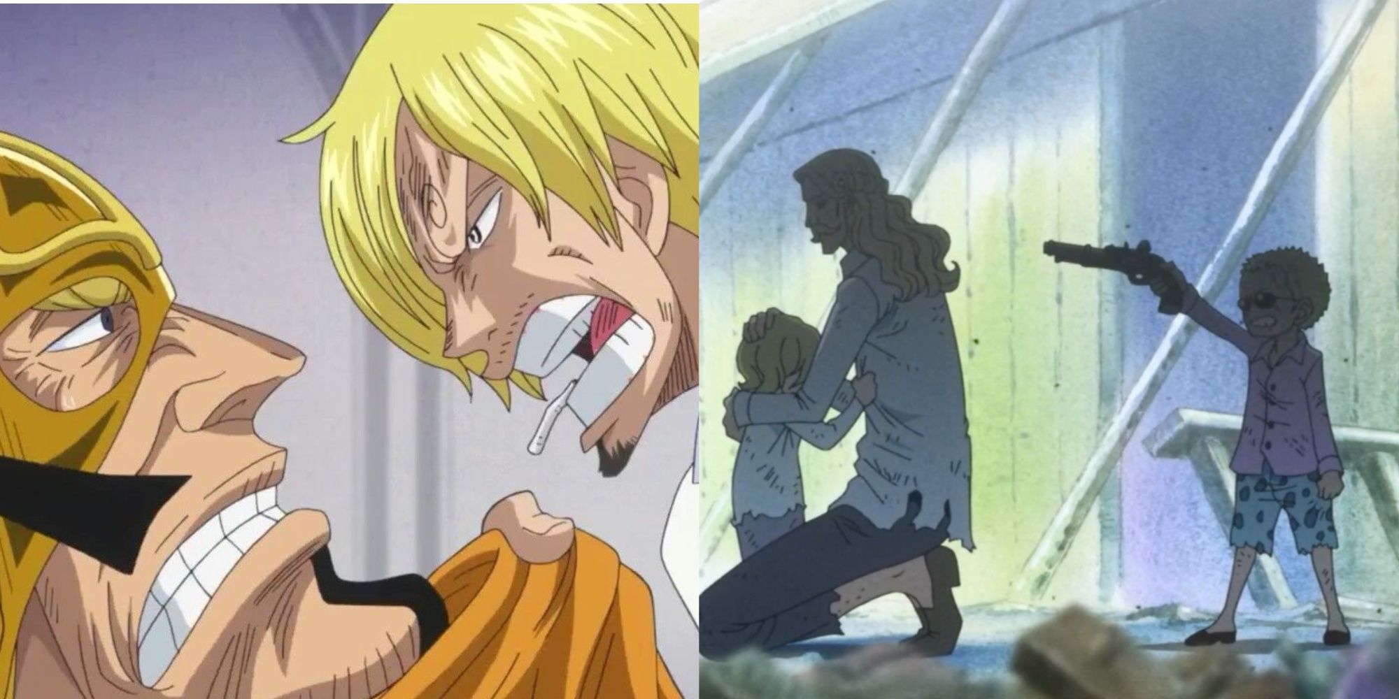 Judge and Sanji arguing; Homing holding Rosinante while Doflamingo shoots him