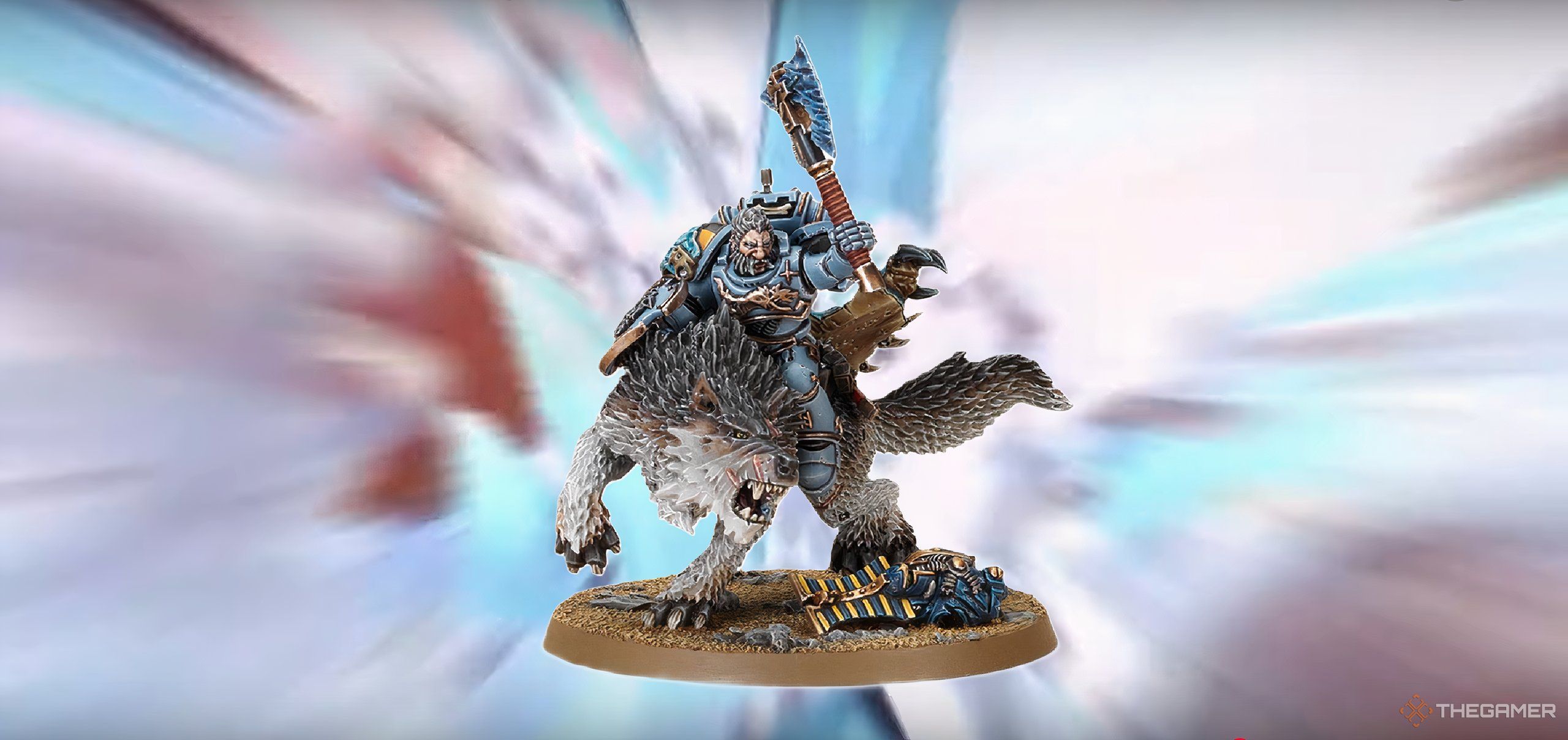 A Space Wolves Wolf Lord On Thunderwolf from Warhammer 40,000 tabletop.