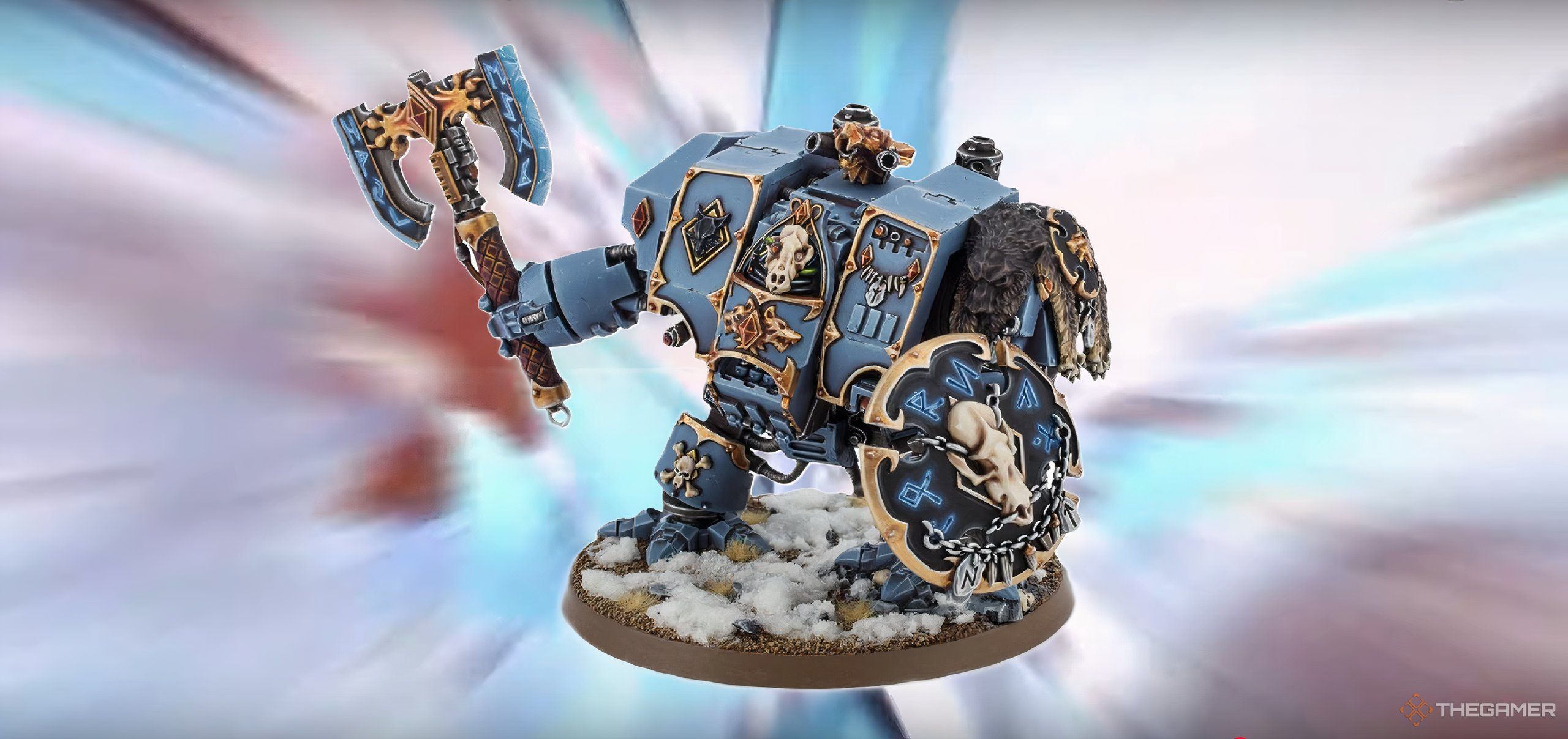 A Space Wolves Venerable Dreadnaught from Warhammer 40,000 tabletop.