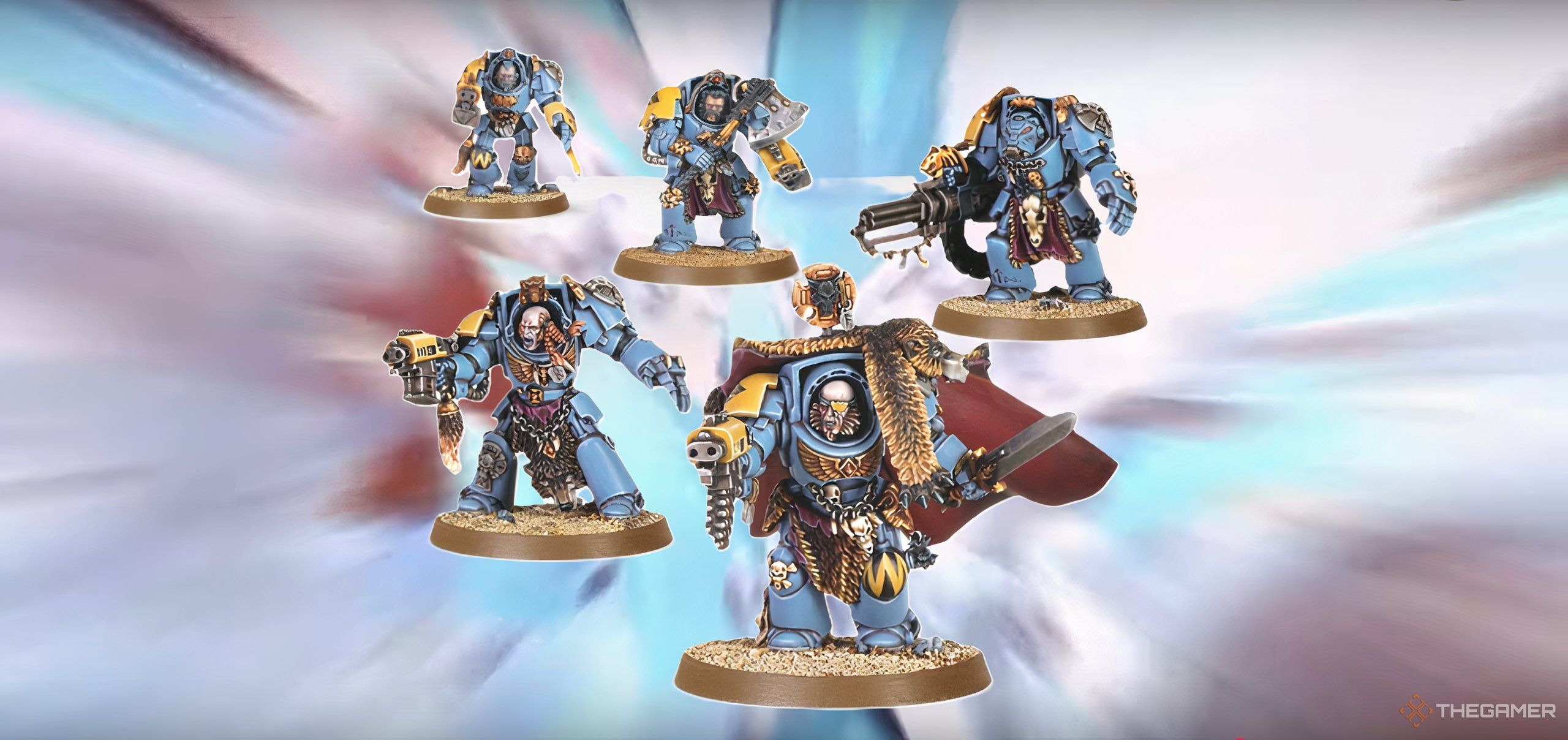 A unit of Space Wolves Wolf Guard Terminators from Warhammer 40,000 tabletop.