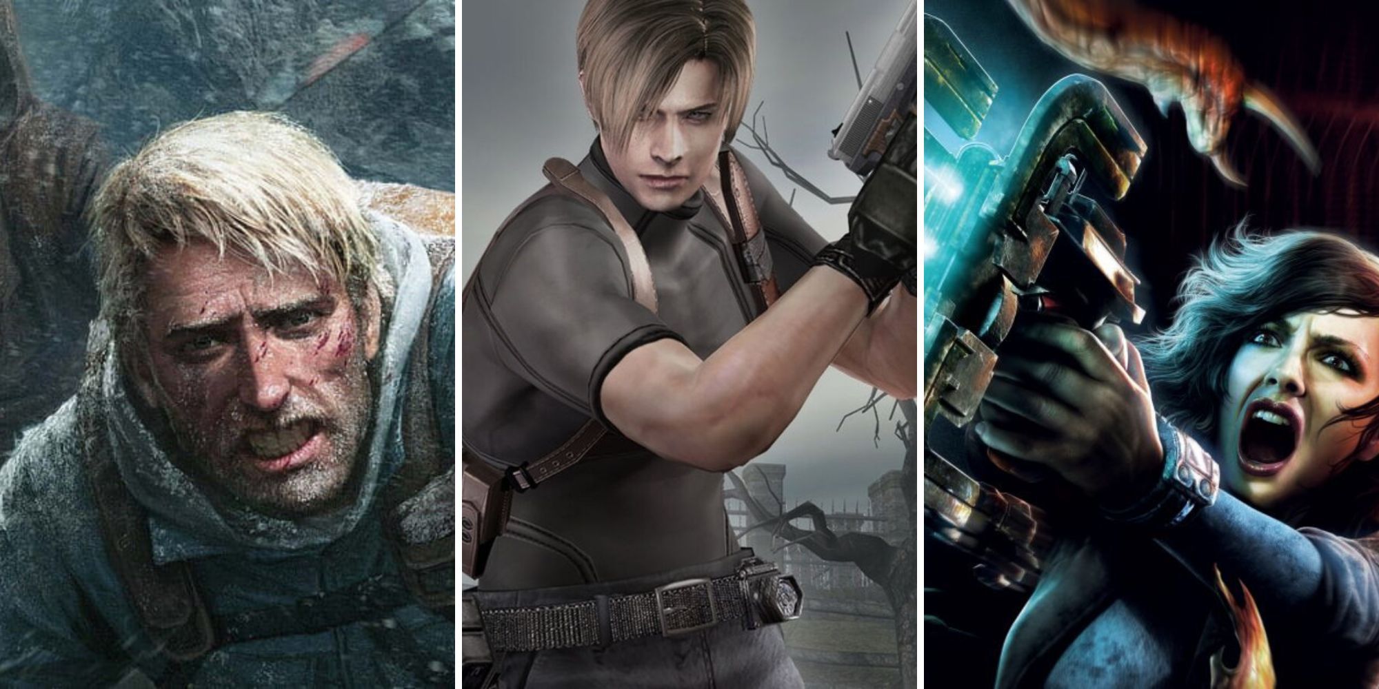 Eric Simmons climbs a mountain, Leon Kennedy holds a gun, Lexine fires her weapon