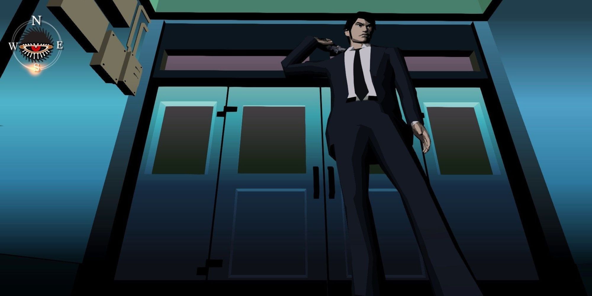 Dan Smith stands in front of a pair of doors with a gun over his shoulder in Killer7