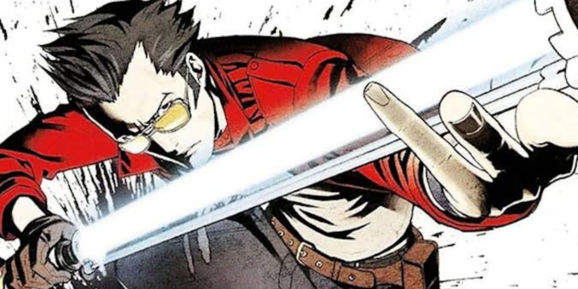 Travis Touchdown holds his laser katana up in key art for No More Heroes.