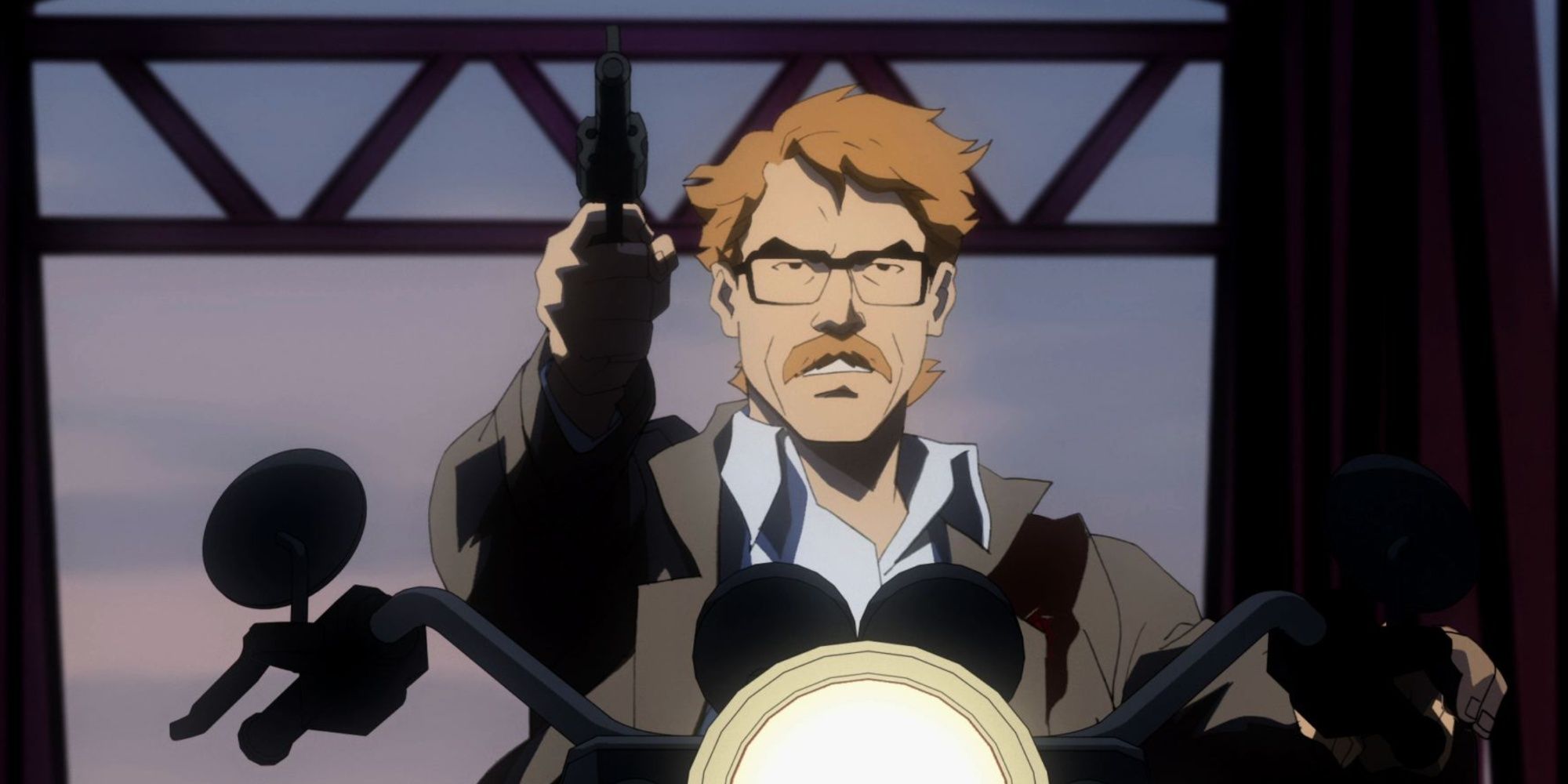 James Gordon holding a gun while on a motorbike in Batman: Year One