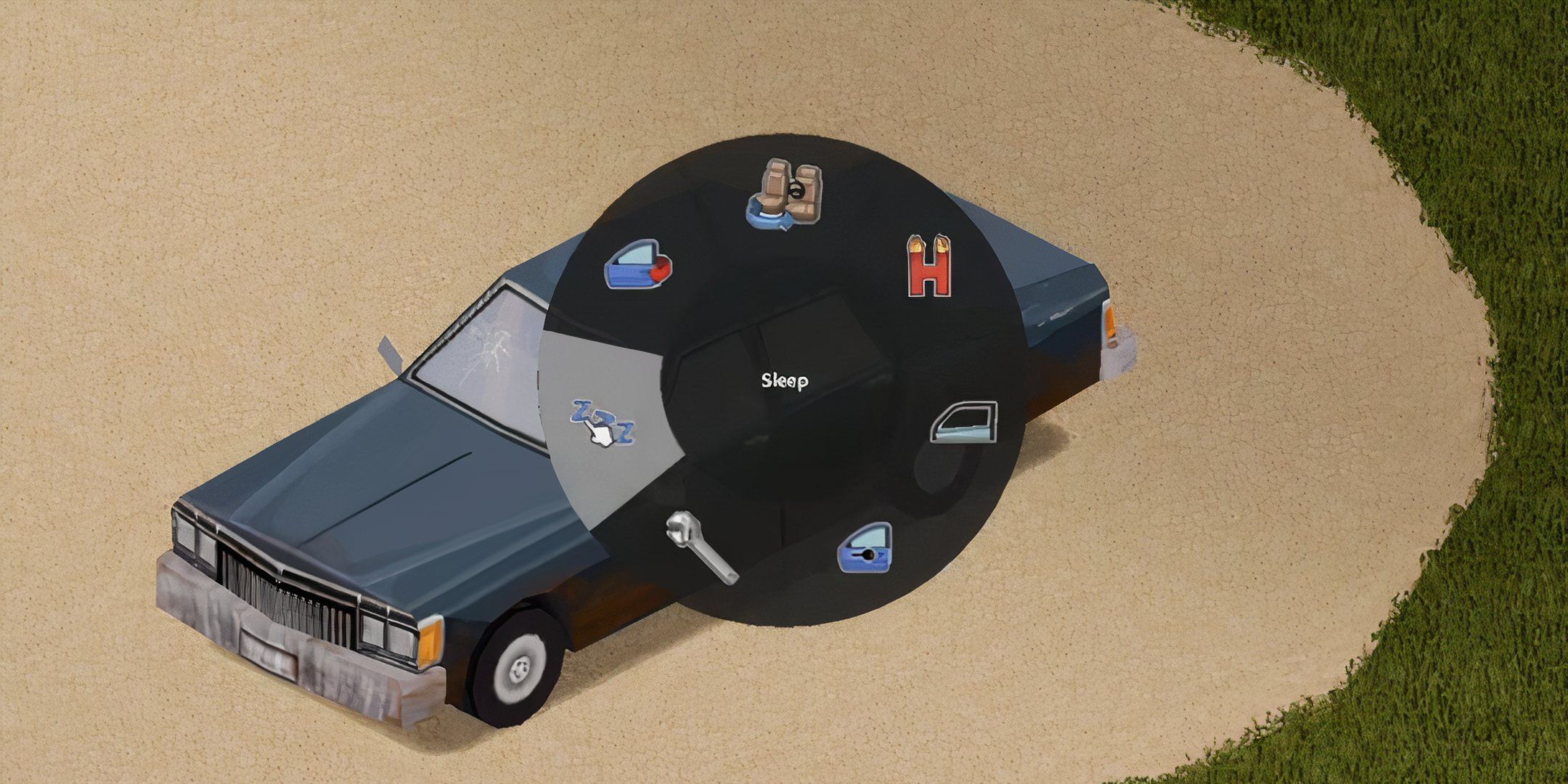 The radial menu for cars in Project Zomboid with the sleep option selected. 