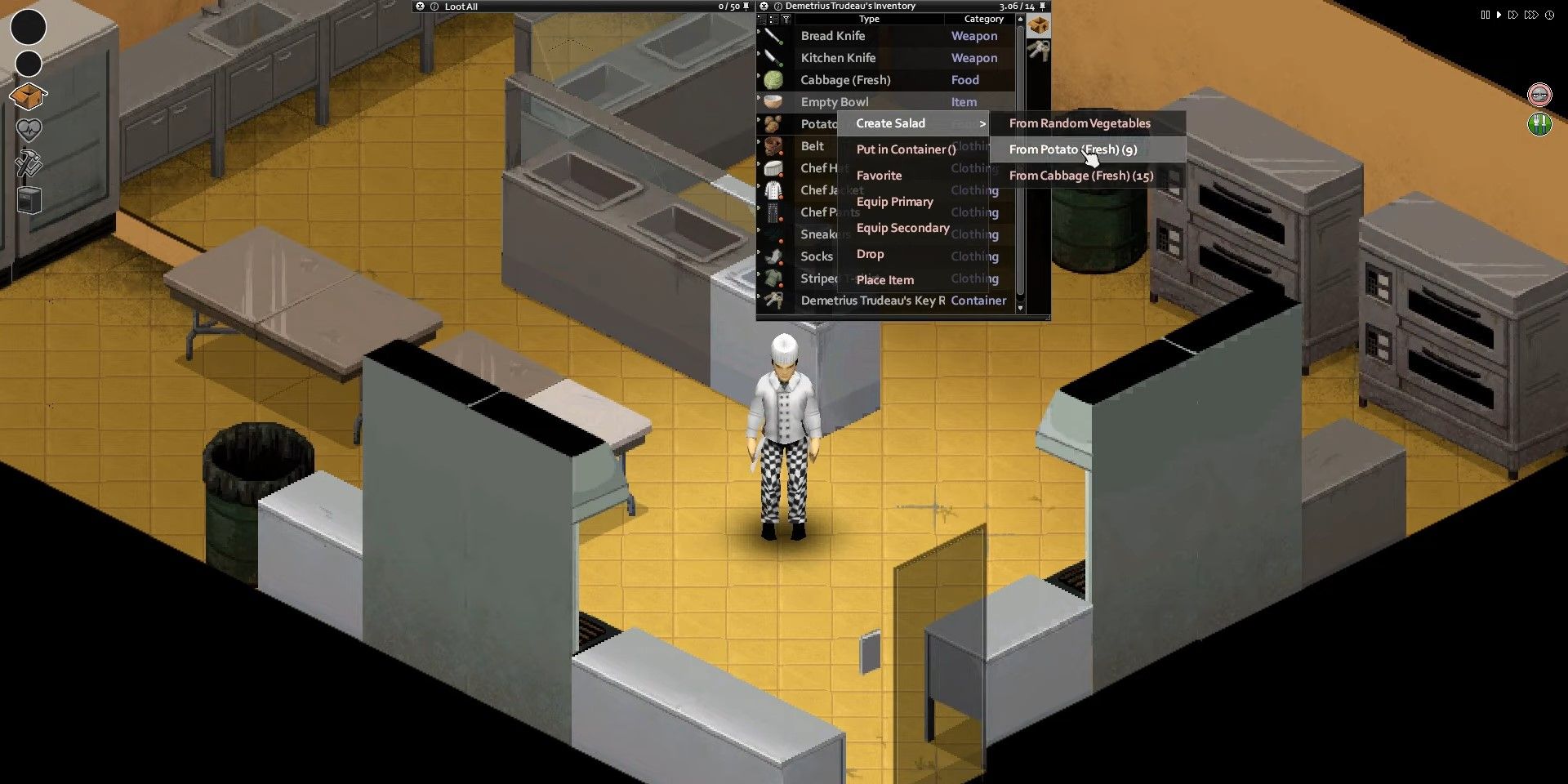 A player cooking a salad in Project Zomboid.