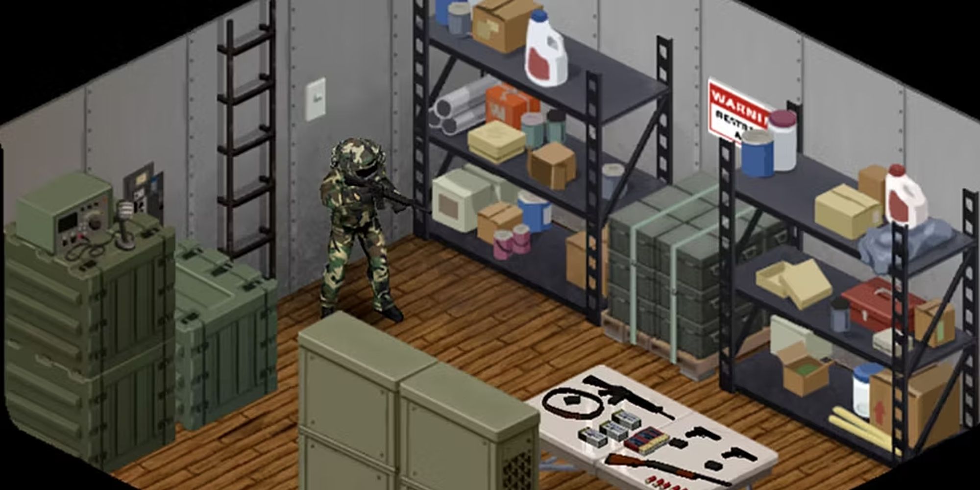 A player in military gear wielding a rifle in a well-stocked basement.