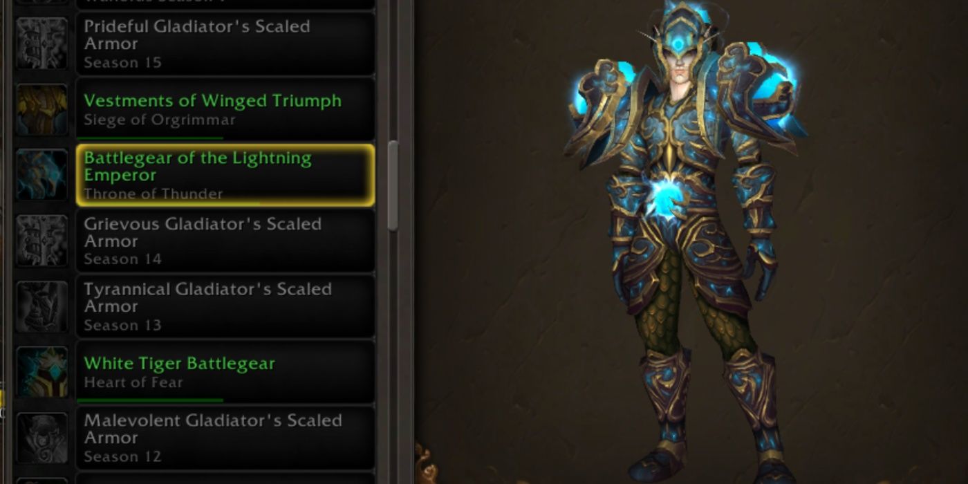 WoW blood elf wearing the Battlegear of the Lightning Emperor transmog