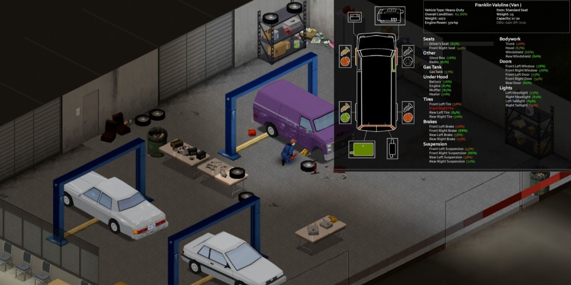 A character performing repairs and diagnostics check on a purple van, all the components and systems displayed in the upper corner of the screen.