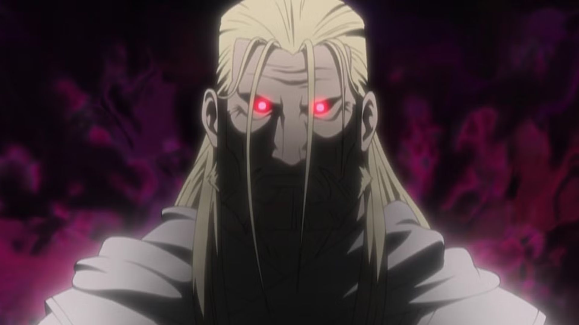 Father with menacing red eyes in Full Metal Alchemist: Brotherhood.