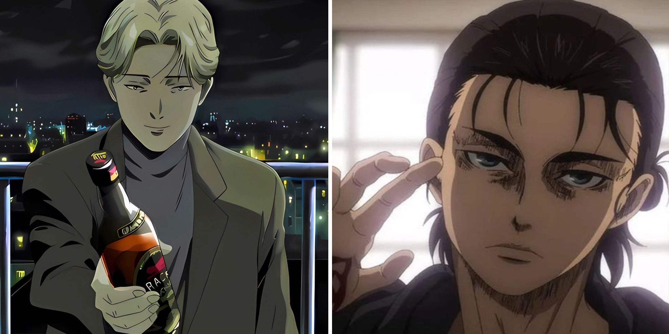 A collage of Johan Liebert and Eren Yeager.