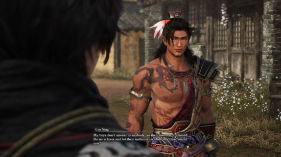 Dynasty Warriors review: a muscular, shirtless man with tied up long hair and tattoos.