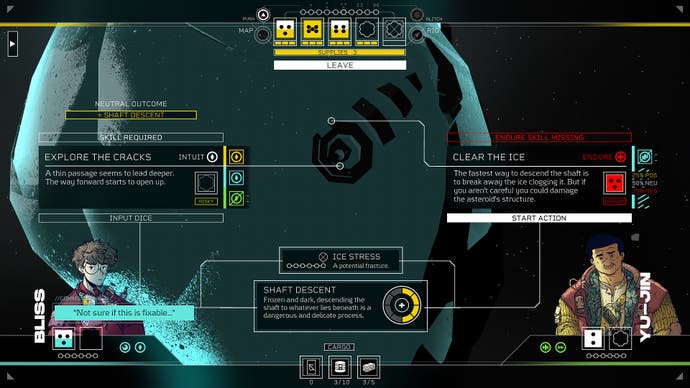 A Contract or crew mission in Citizen Sleeper 2, showing portrait illustrations for two characters and boxes next to them showing how they can contribute to the mission at hand.