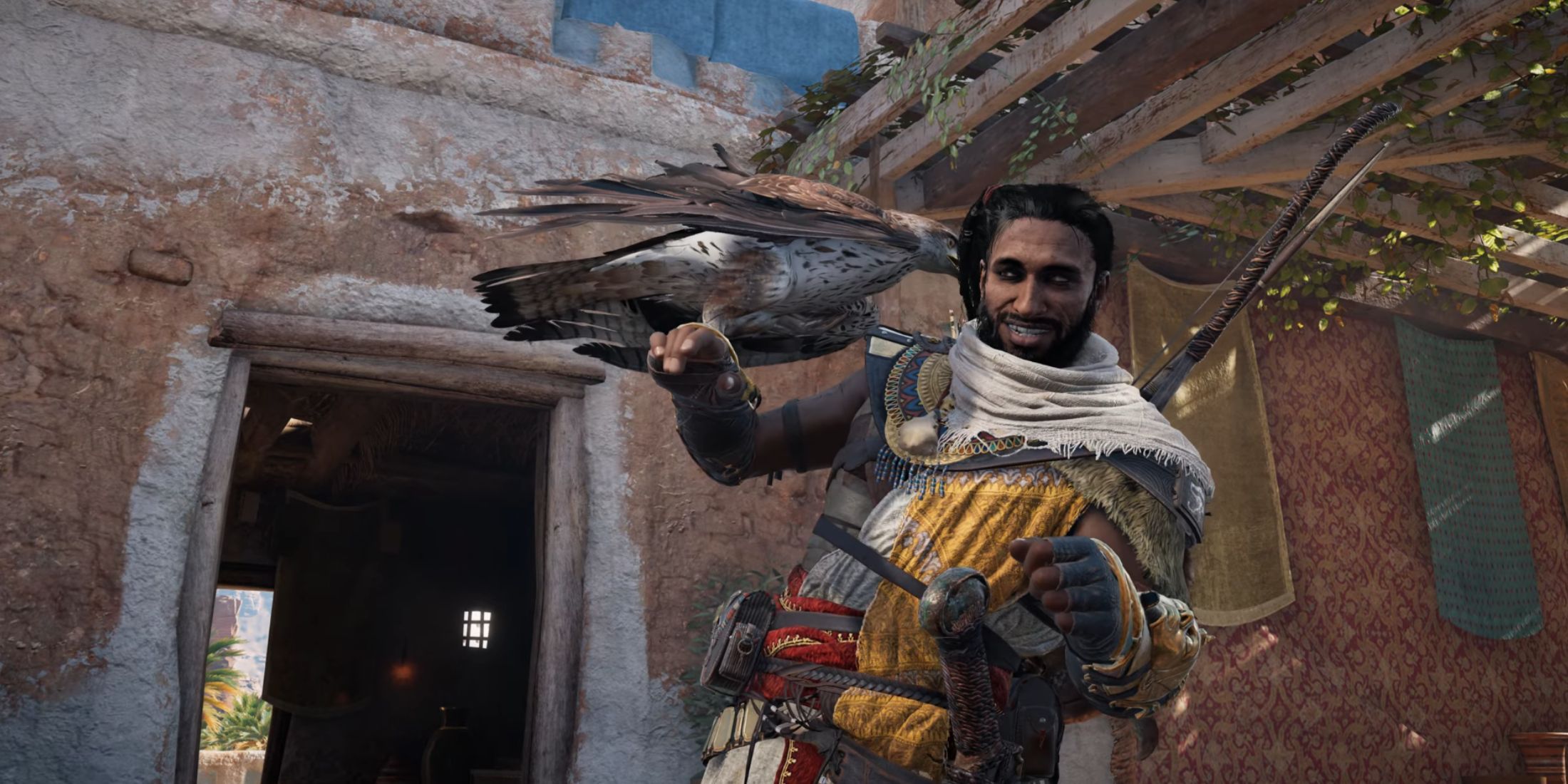 Bayek getting nuzzled by Senu in Assassin's Creed Origins (2017)