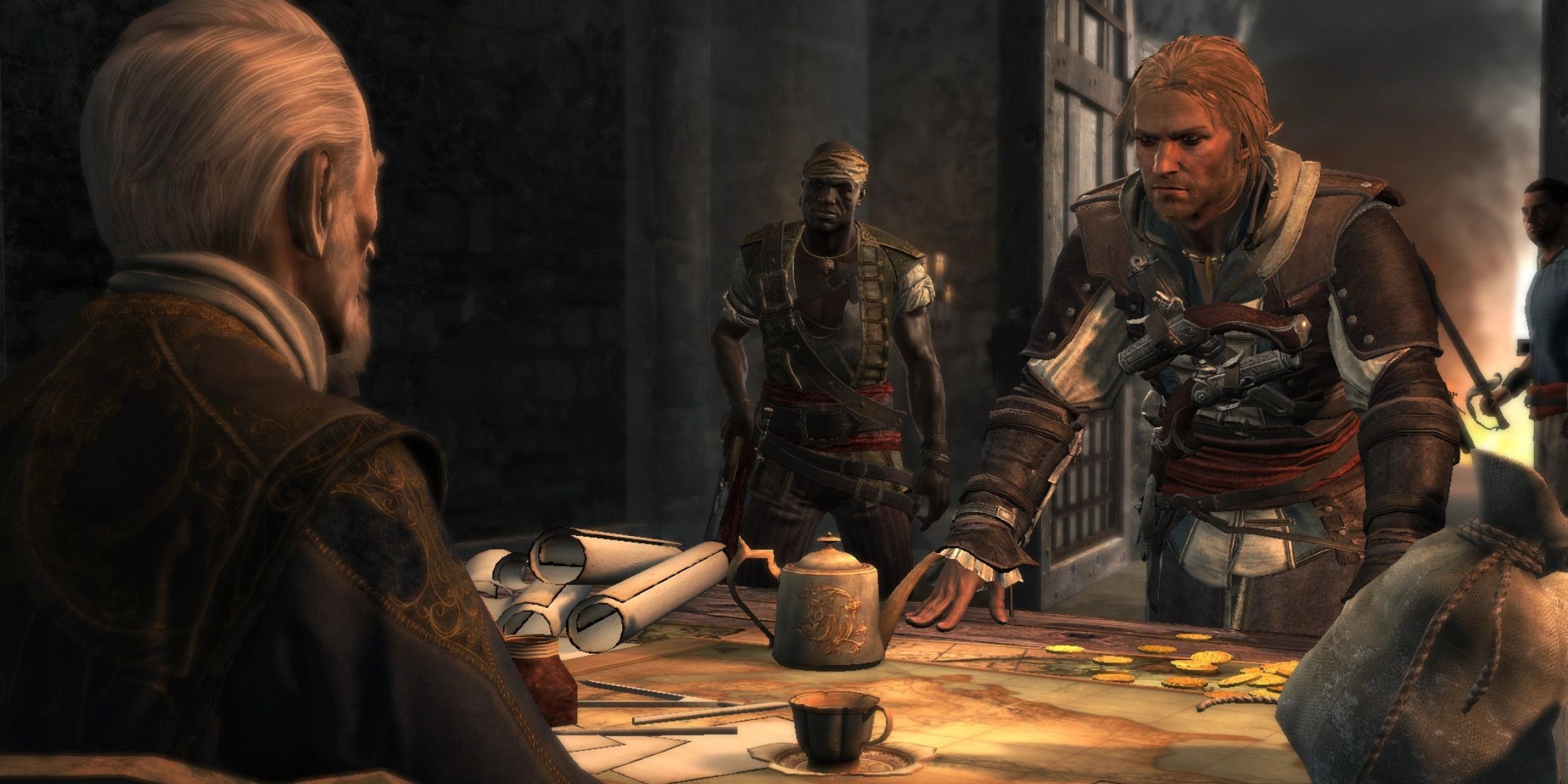 Edward Kenway interrogating Laureano de Torres in Assassin's Creed 4: Black Flag