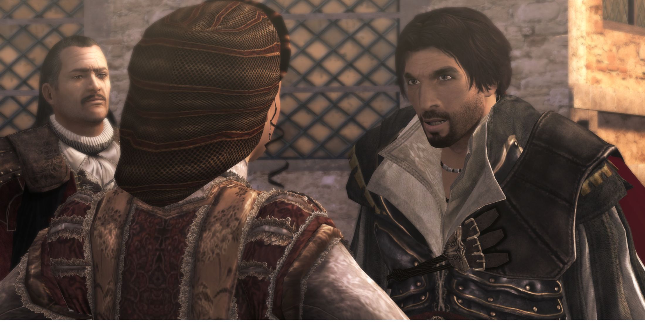 Ezio Auditore in conversation with his sister Claudia and uncle Mario in Assassin's Creed Brotherhood (2010)