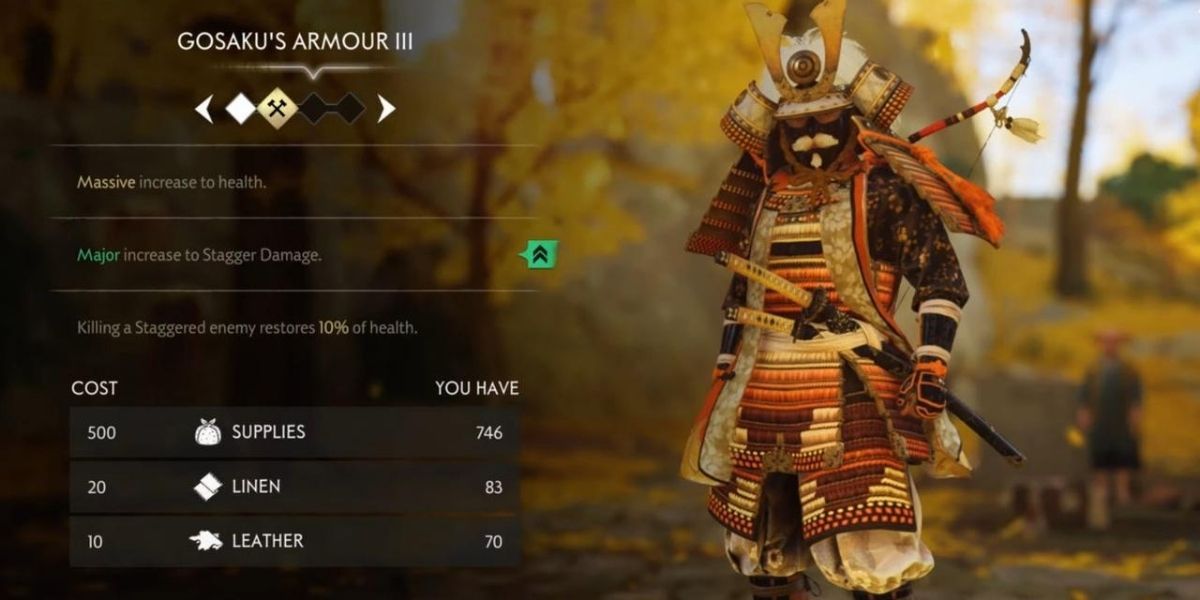 Ghost Tsushima Gosaku armor set and stat screen