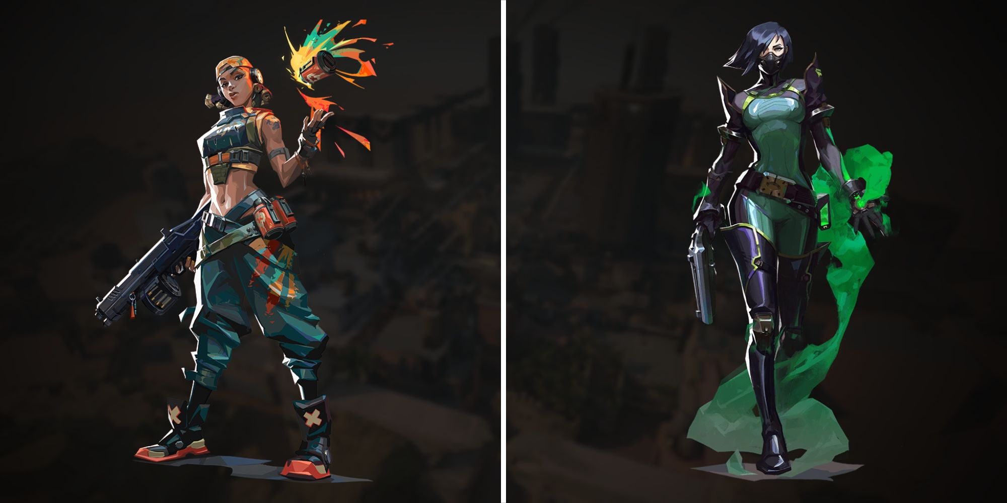 Collage image image of Valorant's Raze and Viper splash art.