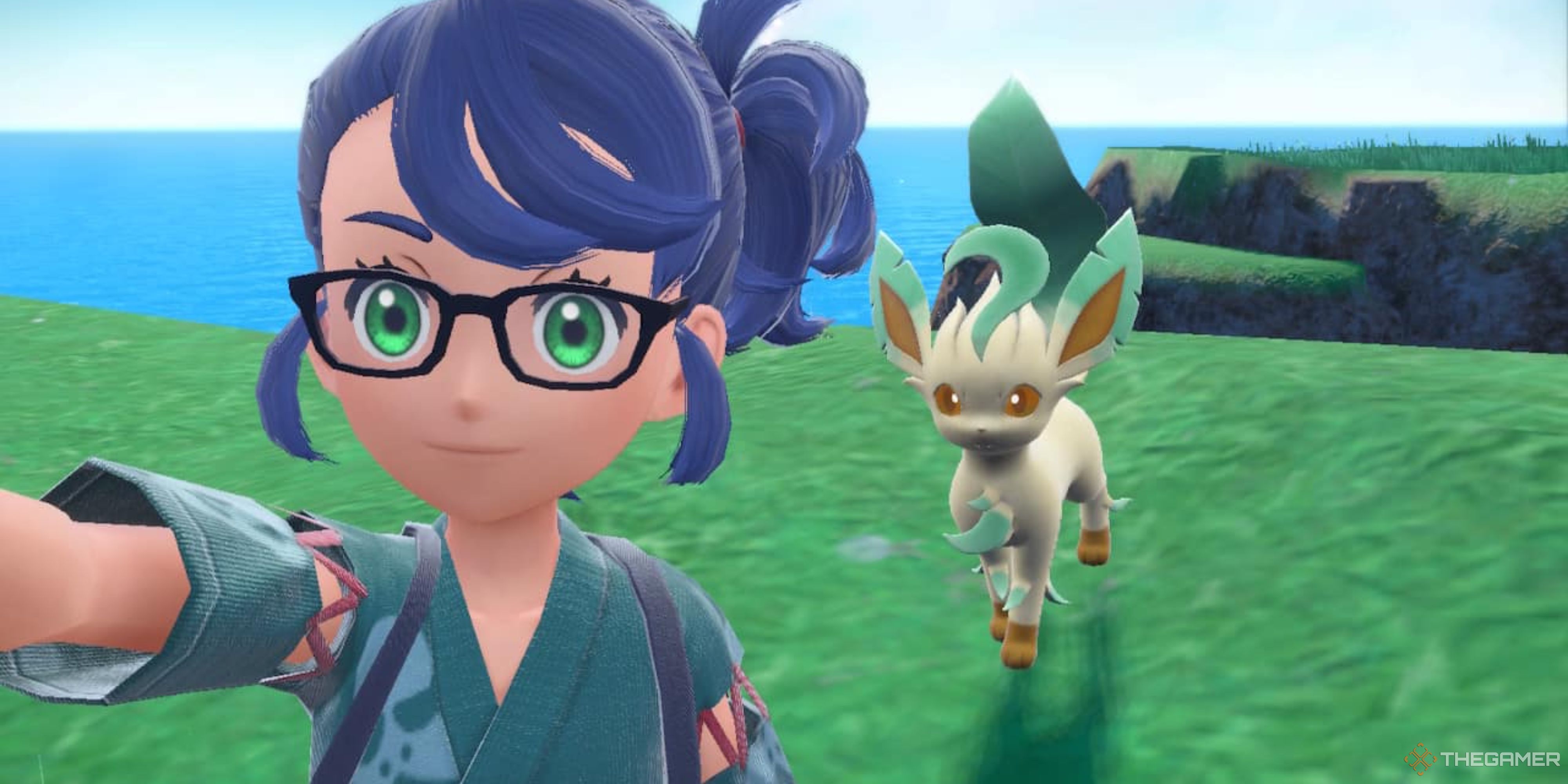 A trainer takes a selfie with Leafeon in Pokemon Scarlet and Violet.