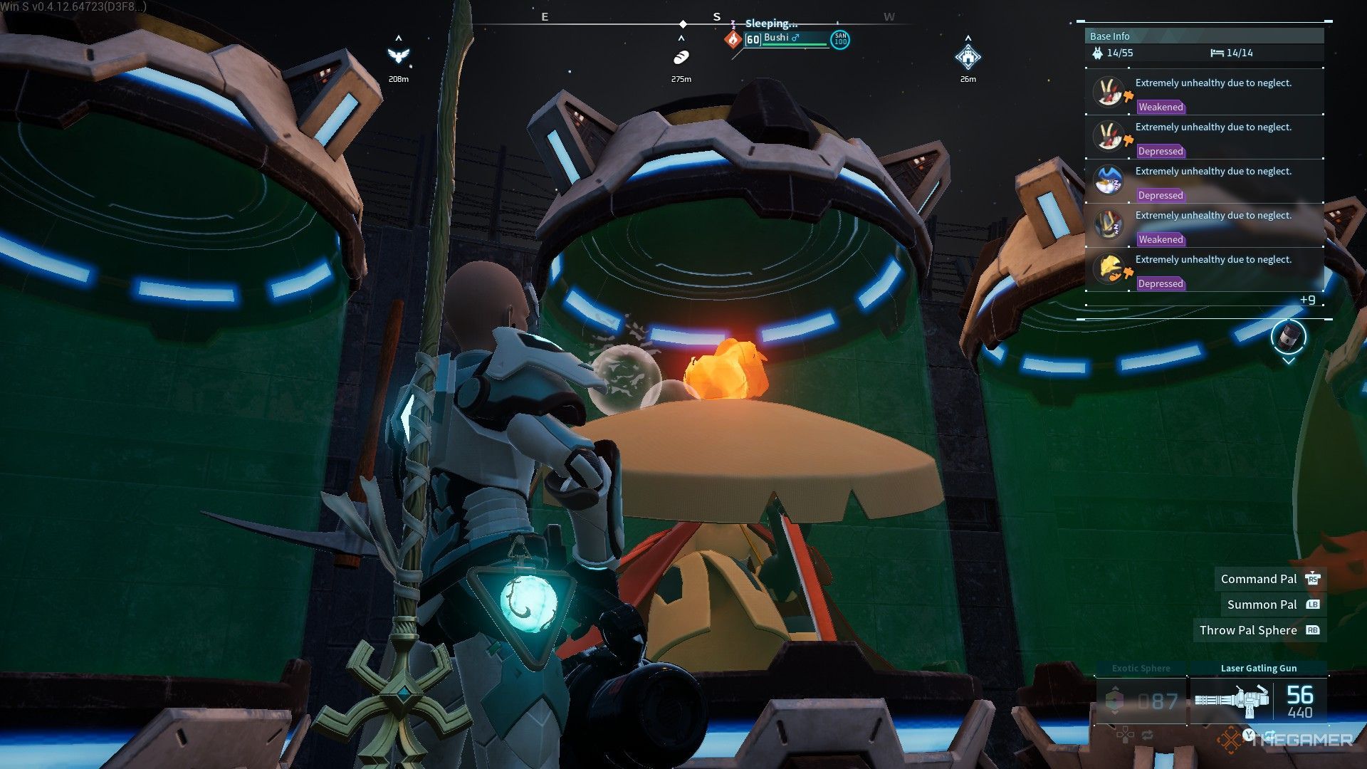 The image shows a Pal sleeping inside a Pal Pod in Palworld.