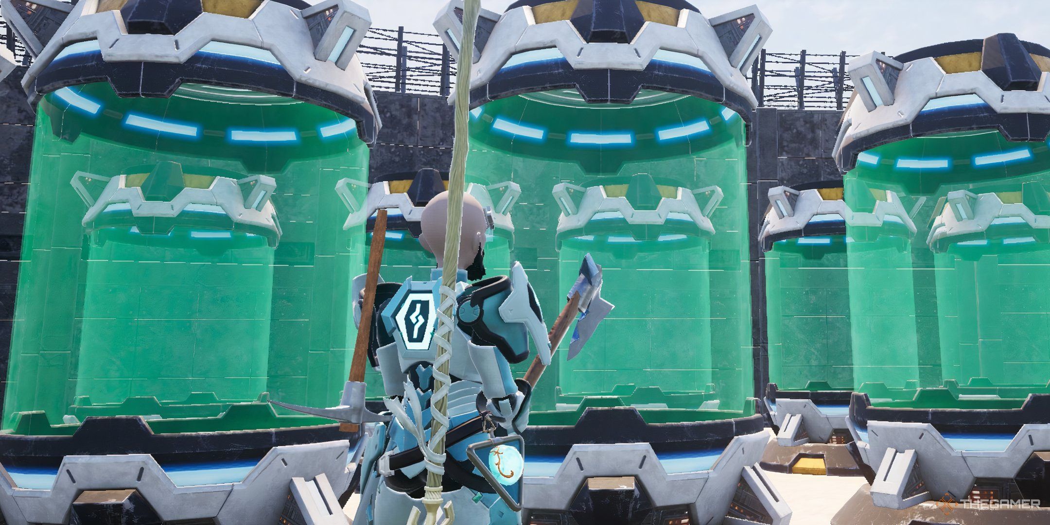 The image shows the player standing in front of several Pal Pods in Palworld.