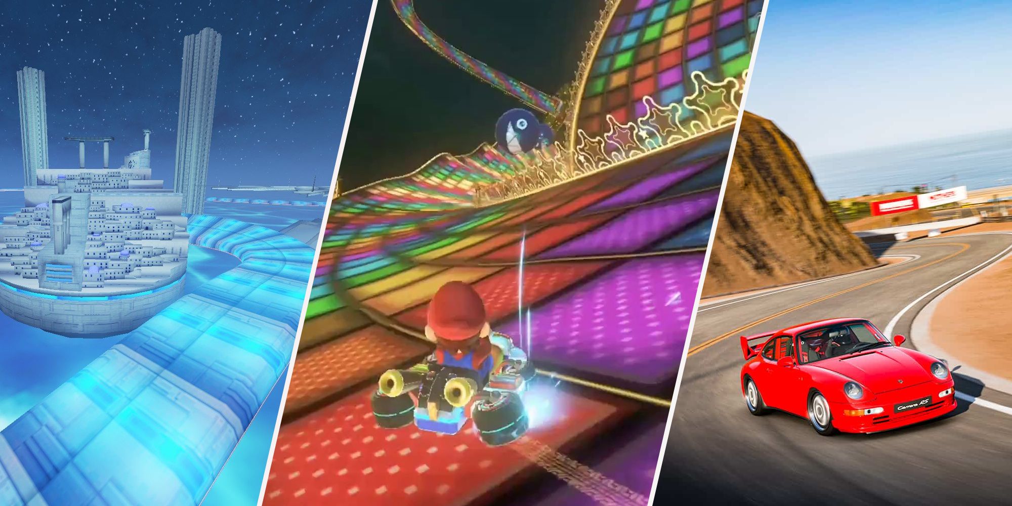 Split image of F Zero Mario Kart and Gran Turismo