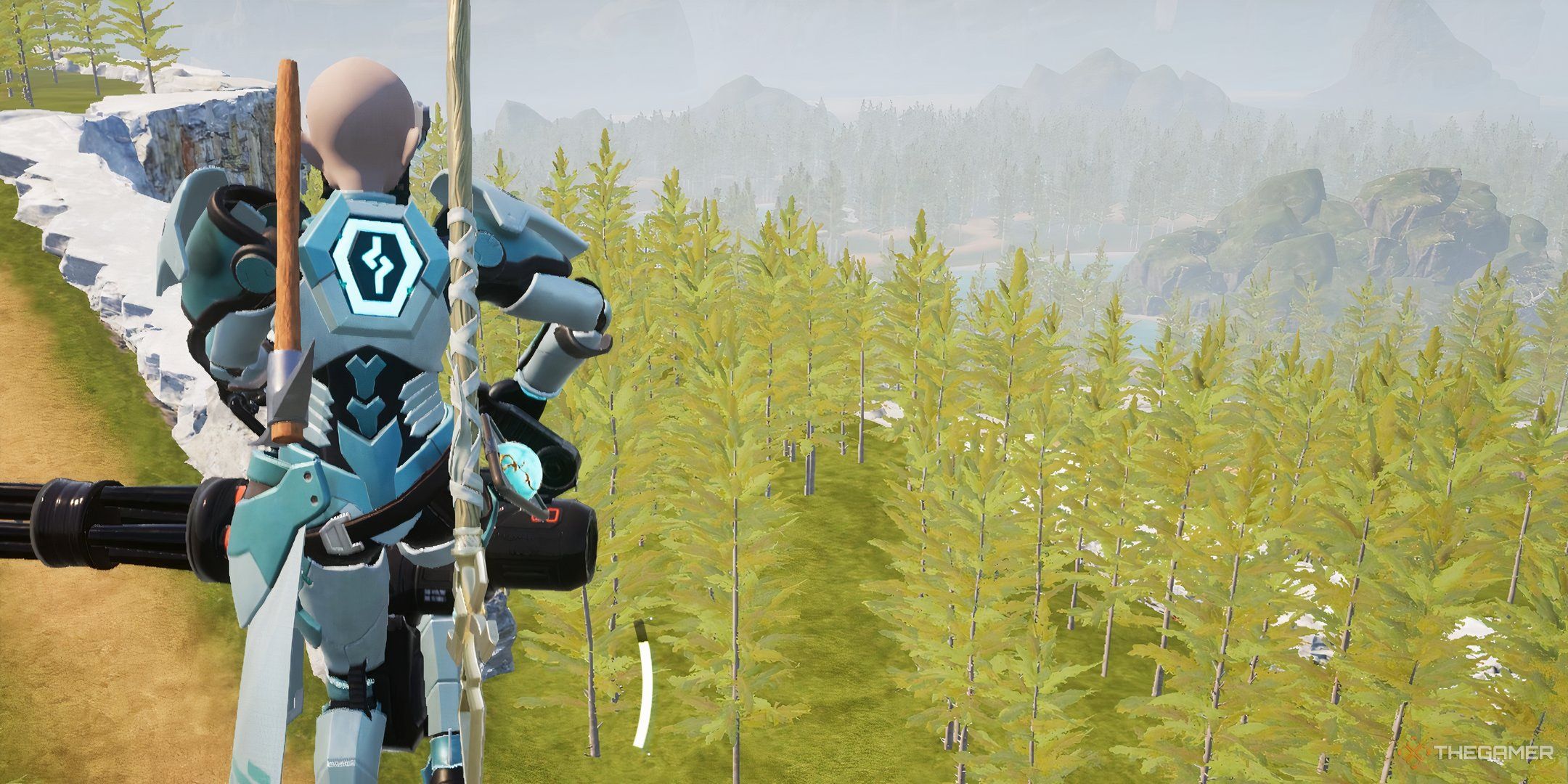 The image shows the player jumping high into the air while wearing a Cold-Resistant Hexolite Armor in Palworld.