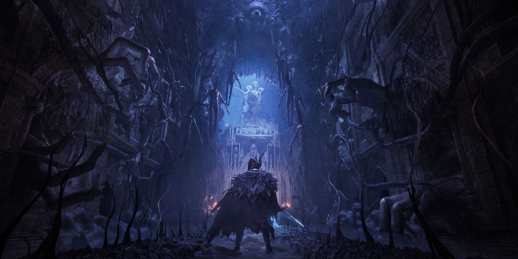 Lords of The Fallen's spectacular graphics showing the player walking through a purplish blue area.