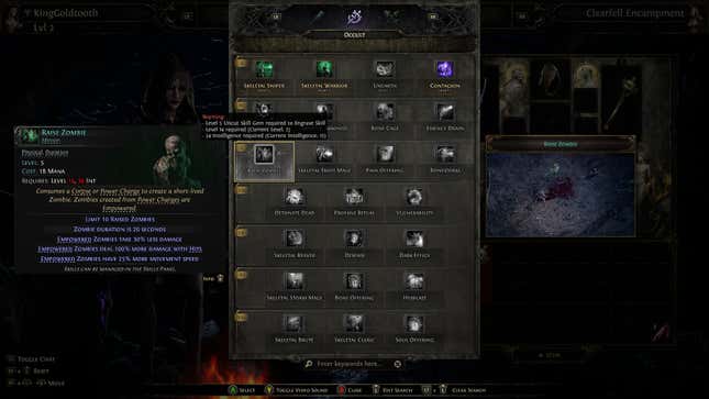 A menu screen shows the Raise Zombie skill.