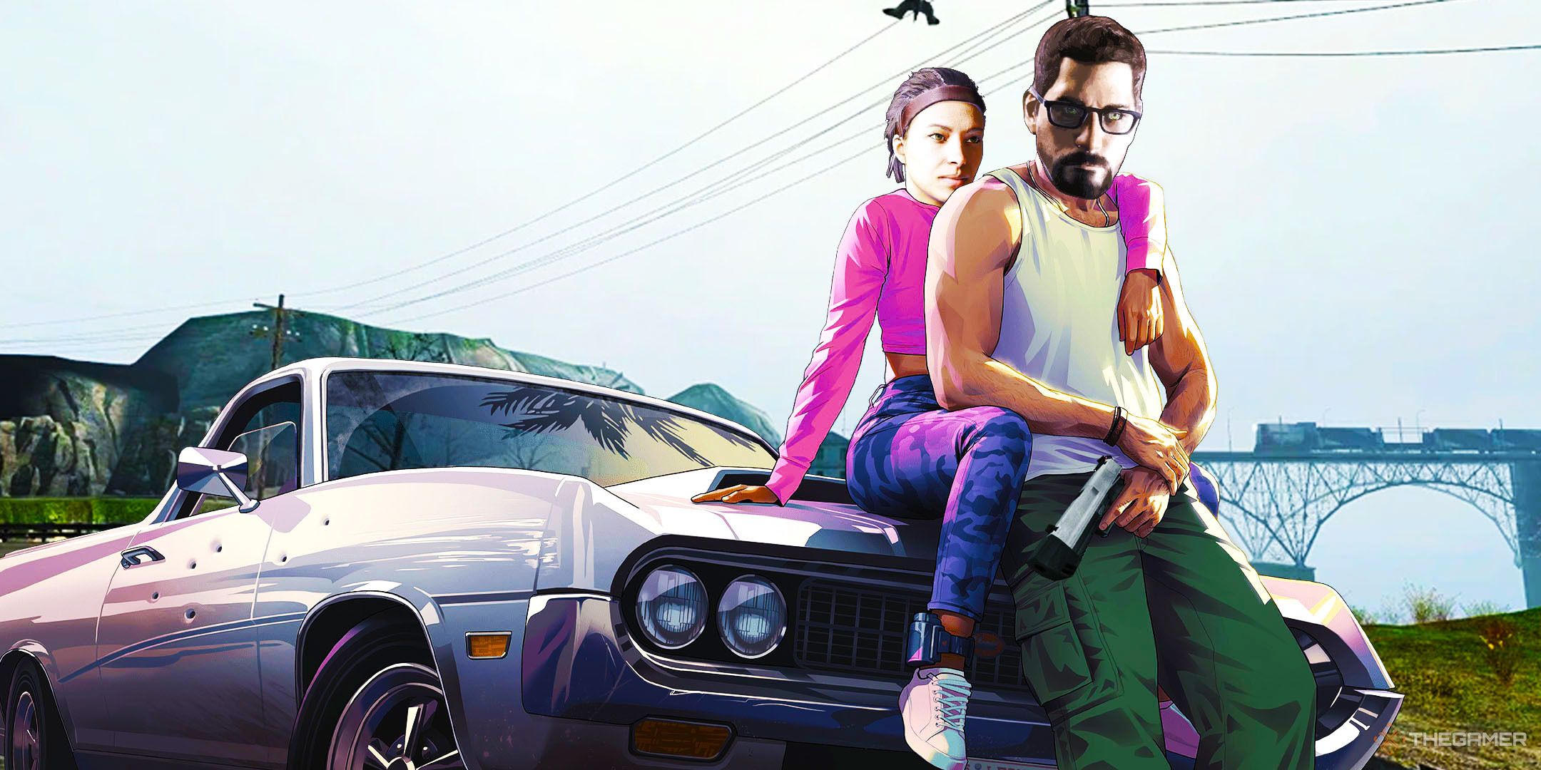 Art for GTA 6, but with Lucia and her partner's heads replaced with Alyx and Gordon from Half-Life.