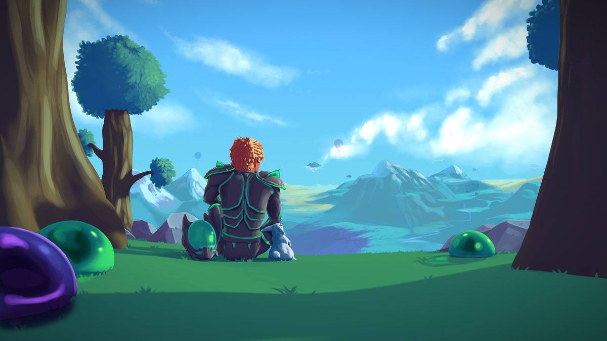 Terraria art showing a short-haired blond man sitting atop a grassy field in metal armor, colorful slimes on either side of him