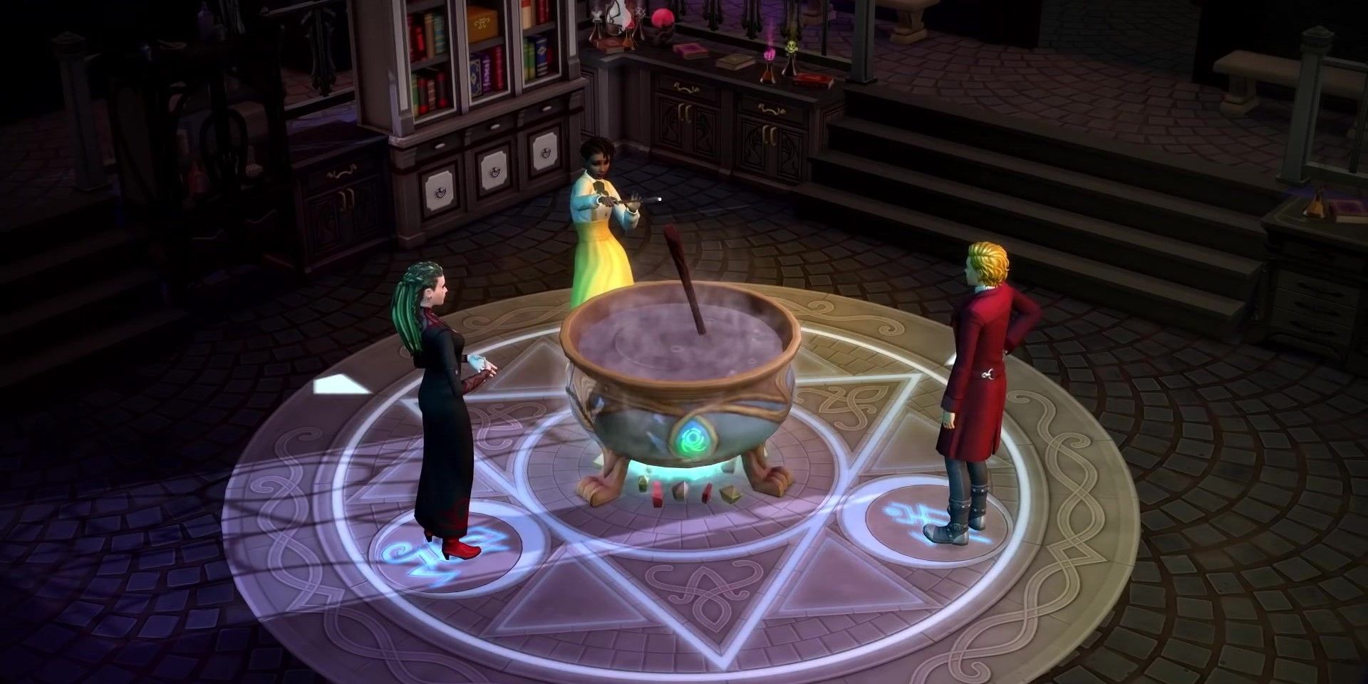 Image of three spellcasters use a cauldron to brew a potion from The Sims 4.