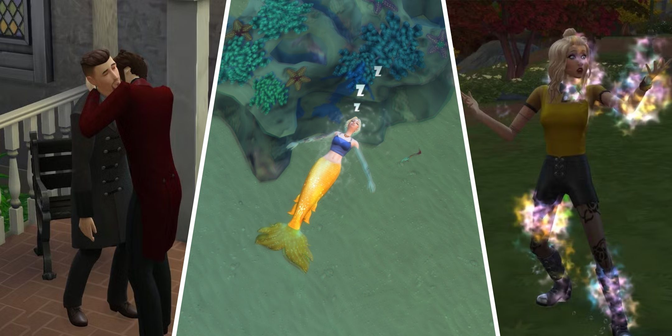 Three images of different occults, showing a vampire drinking blood form a Sim, a mermaid sleeping, and a spellcaster surrounded by magic from The Sims 4.