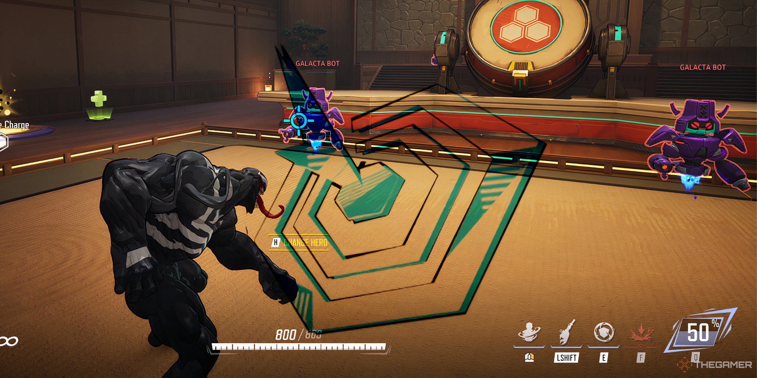 A Practice Range symbol overlaps a screenshot of Venom training in Marvel Rivals.