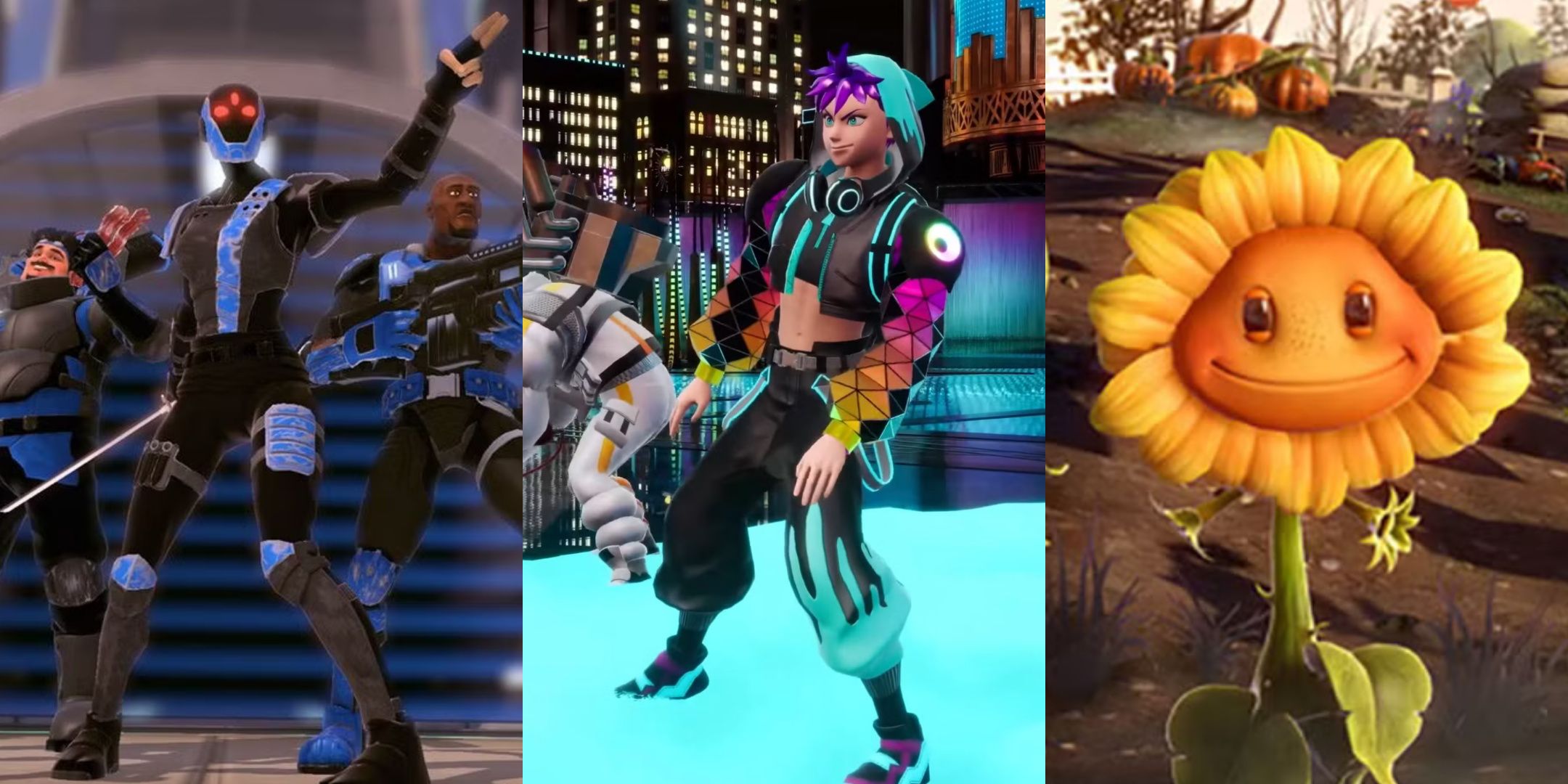 Left to right: The Assassin points in Monday Night Combat, Agito poses tough in Foamstars, and Sunflower smiling in Plants vs. Zombies: Garden Warfare 2