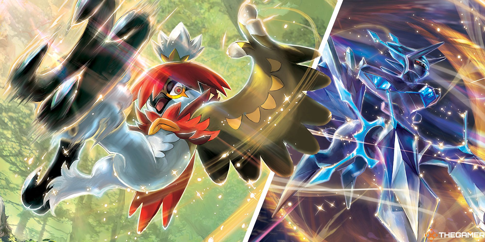 A mashup including Decidueye and Dialga from Astral Radiance in the Pokemon TCG.